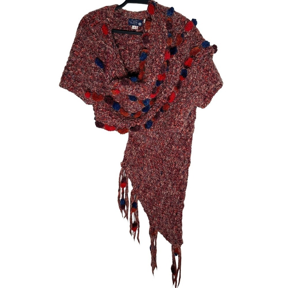 Anthropologie Womens Handknit By Dollie Cropped Handknit Pom Wrap Cardigan Scarf - Picture 9 of 12